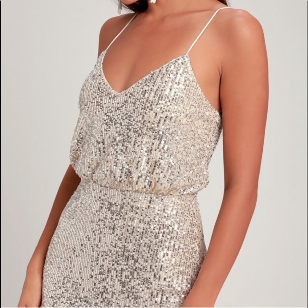 Lulu's Champagne Sequin Spaghetti Strap Dress